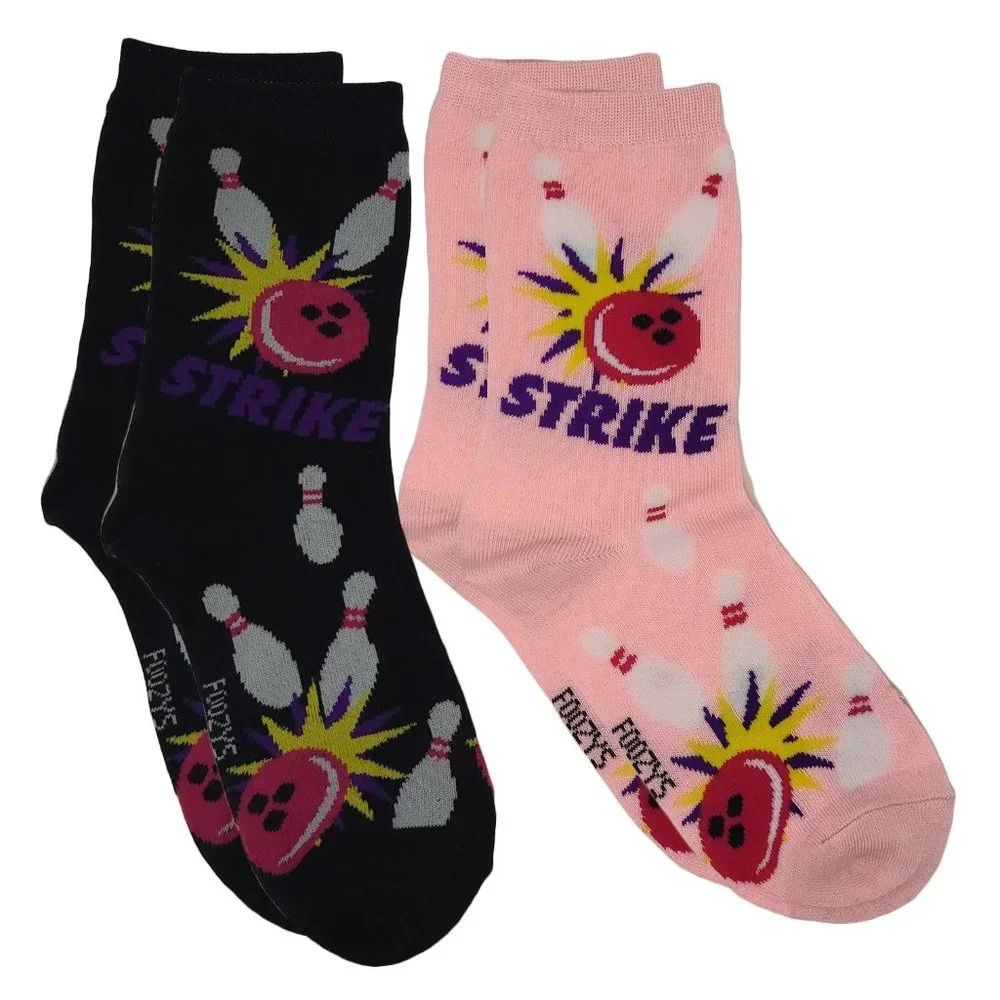 Bowling Strike Lanes Balls Pins Bowl Spare Game Sport 2 Pair Foozys Womens Socks